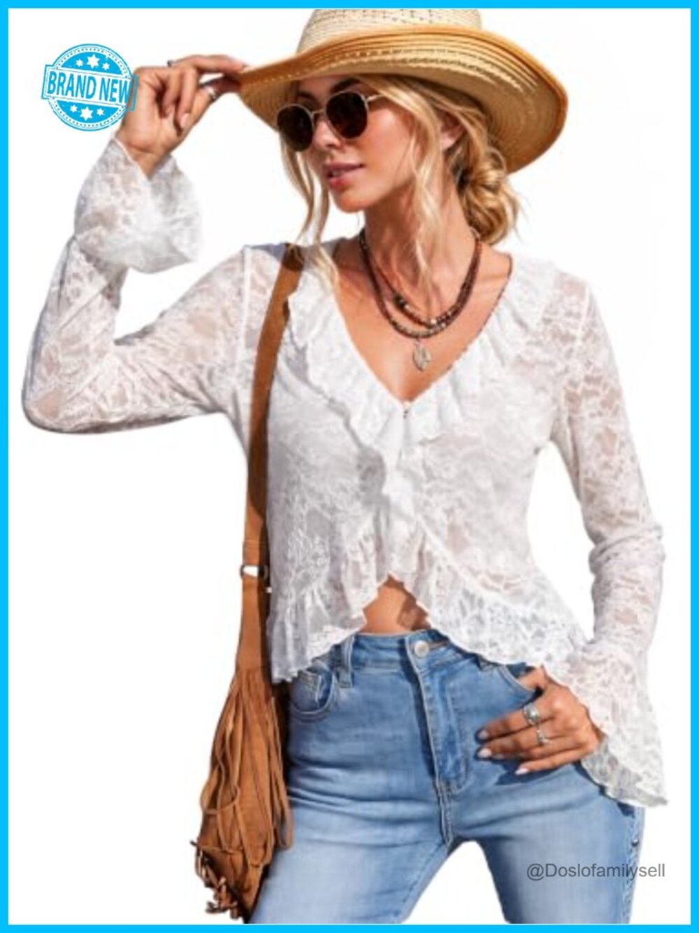Sheer Lace Crop Top Open Front Bell Sleeve Blouse